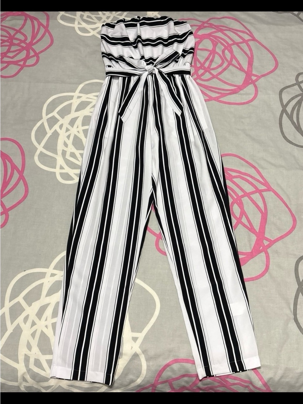 Express White and Black Pinstripe Strapless Jumpsuit